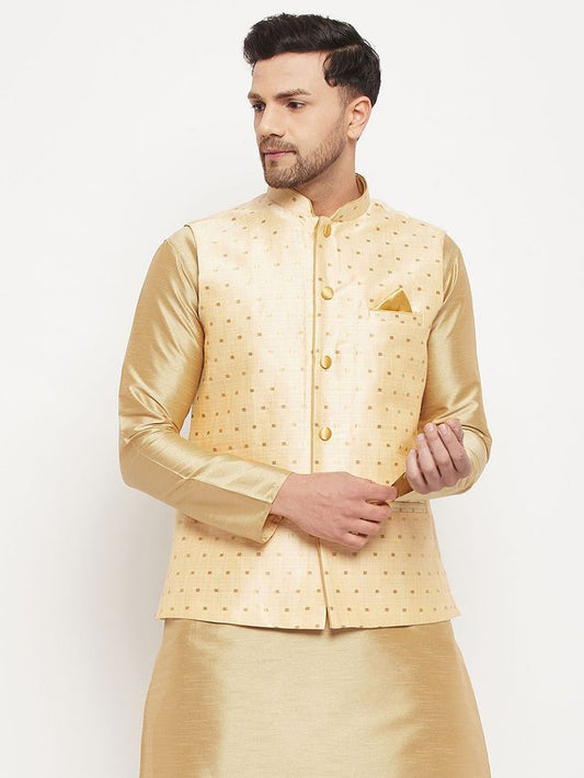 Men's Rose Gold Silk Blend Straight Jacket  Kurta and Dhoti Set