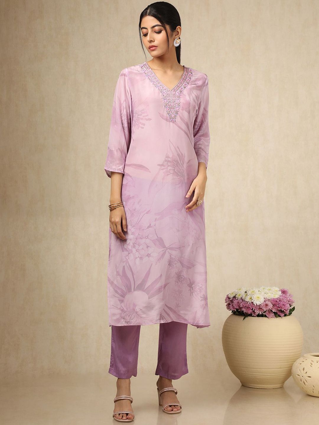 Dhiyona SO Women's Floral Printed V Neck Thread Work Silk Crepe Kurta With Trousers & Dupatta