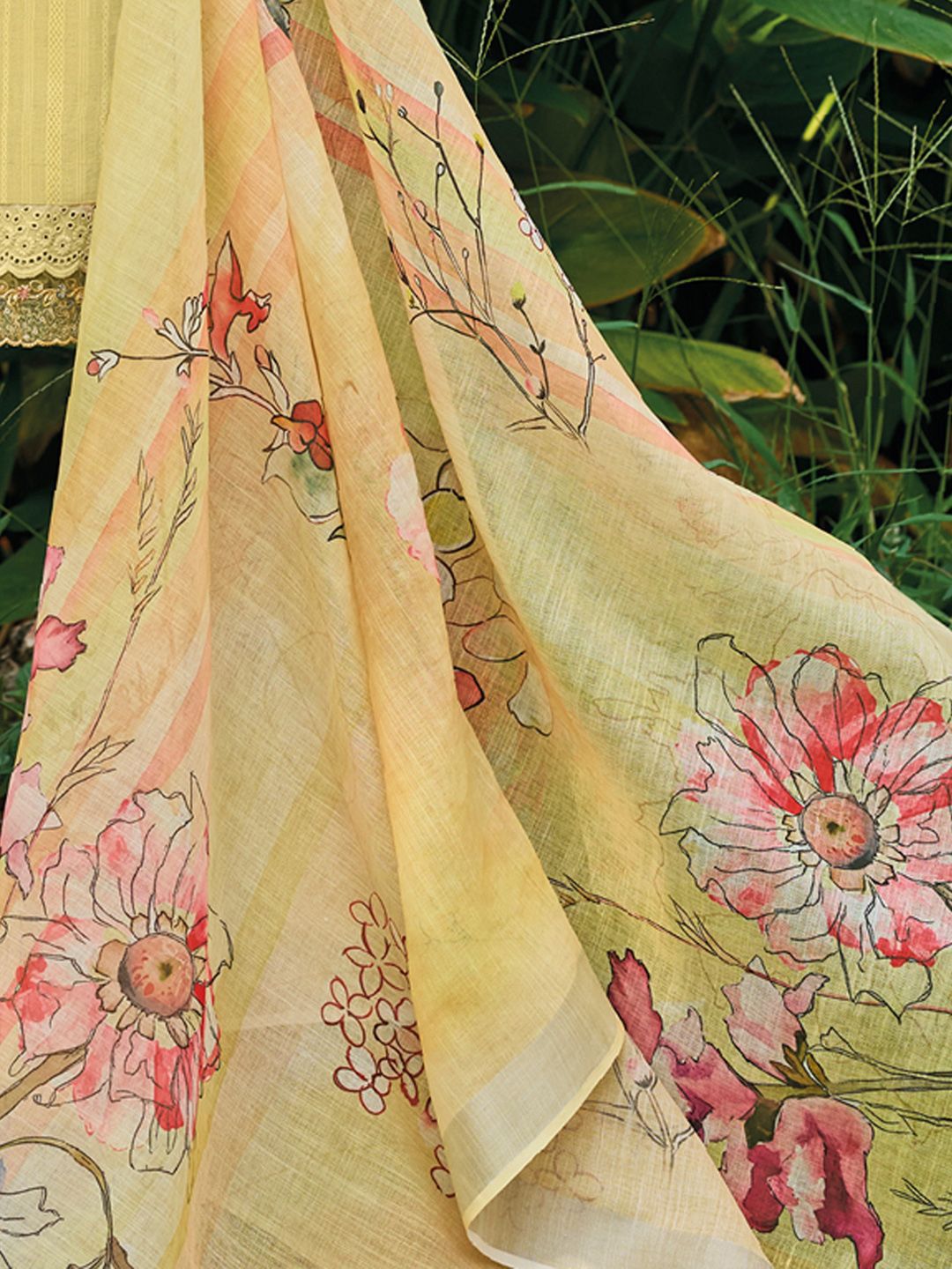 Dhiyona IE Yellow Floral Embroidered Thread Work Pure Cotton Kurta with Trouser & Dupatta