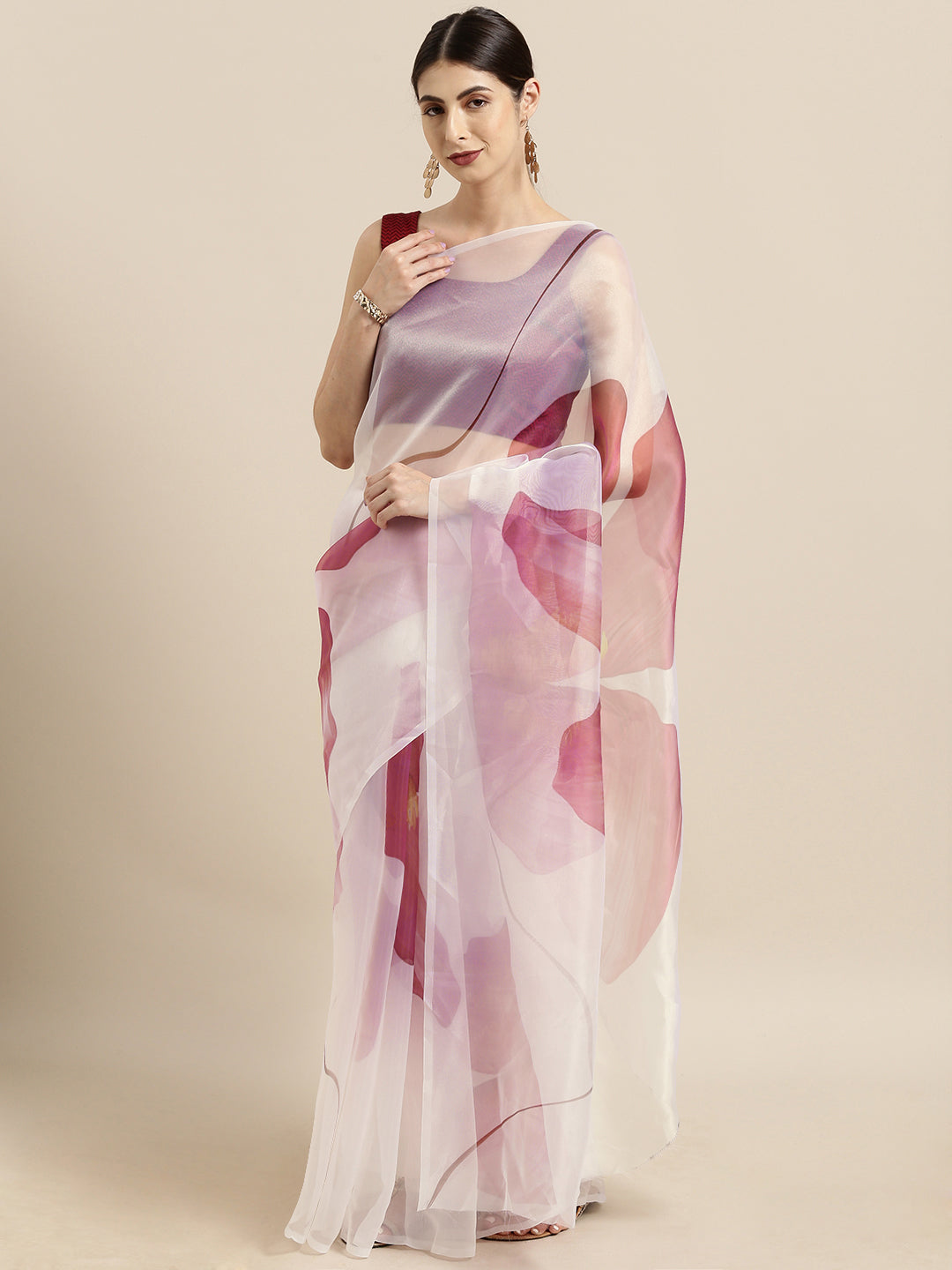 Dhiyona TI Women's Off White & Pink Floral Printed Organza Saree with Unstitched Blouse
