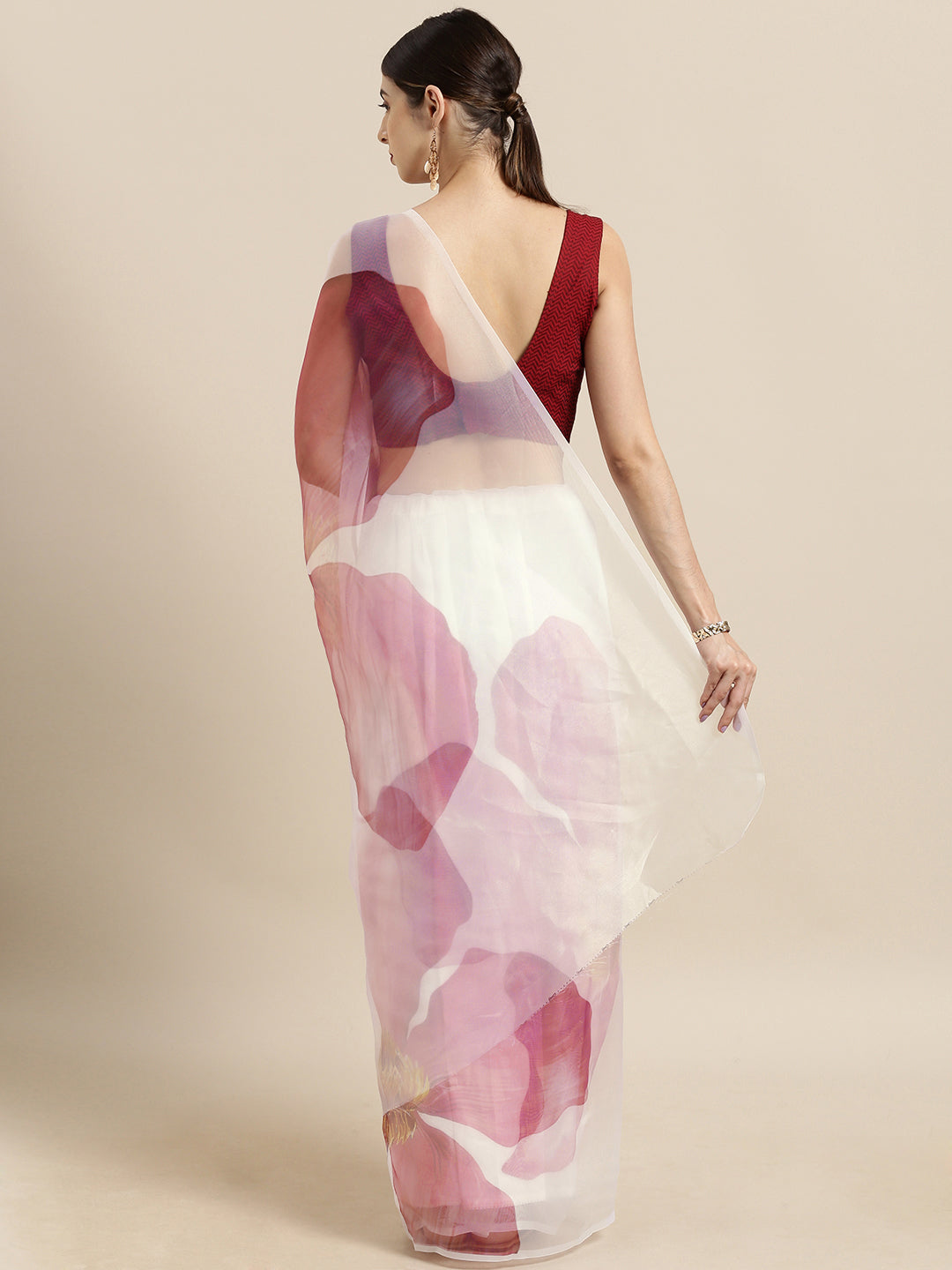Dhiyona TI Women's Off White & Pink Floral Printed Organza Saree with Unstitched Blouse