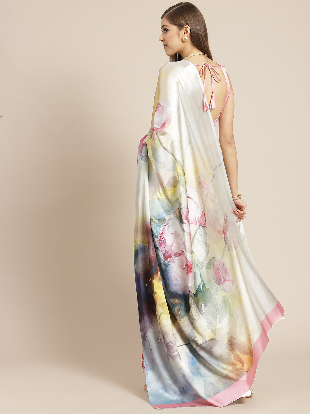 Dhiyona TI Women's Multi-Color Printed Satin Saree with Unstitched Blouse