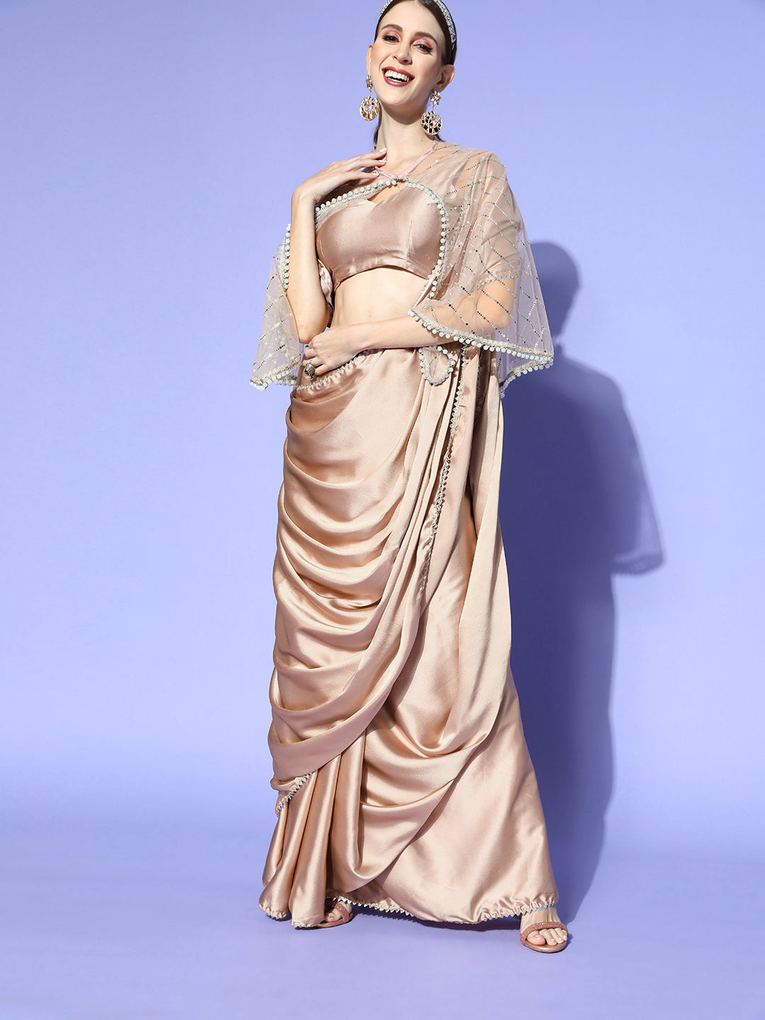 Dhiyona TI Women's Silver Solid Poly Satin Saree with Embellished Cape with Unstitched Blouse