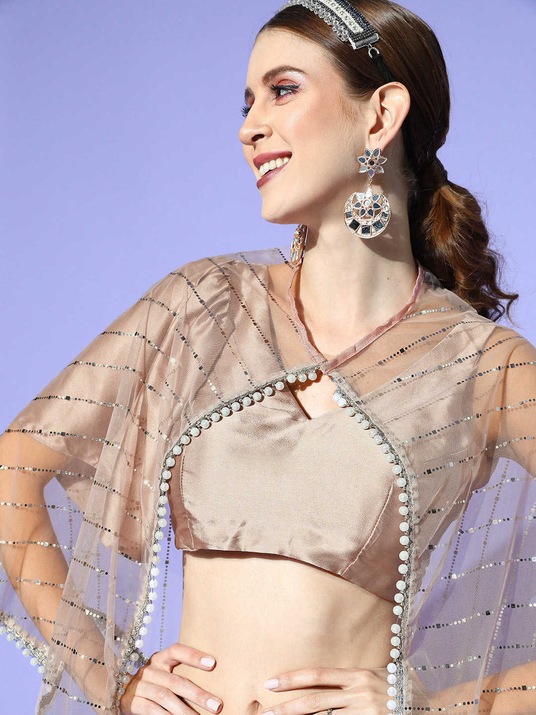 Dhiyona TI Women's Silver Solid Poly Satin Saree with Embellished Cape with Unstitched Blouse