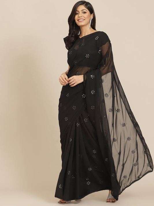 Dhiyona TI Women's Black Georgette Embroidered Mirror-Work Saree with Unstitched Blouse