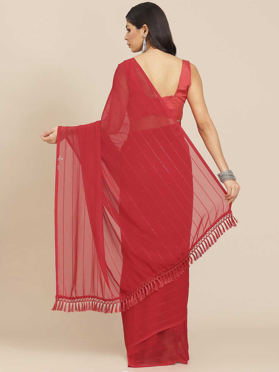 Dhiyona TI Women's Red Striped Polyester Saree with Tassels with Unstitched Blouse