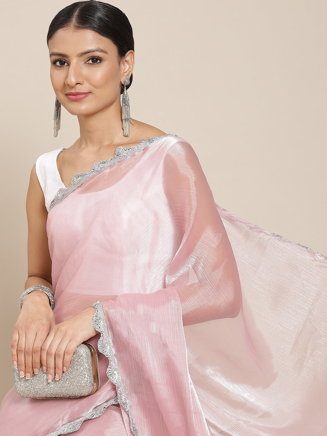Dhiyona TI Women's Pink Solid Embellished Border Chiffon Saree with Unstitched Blouse