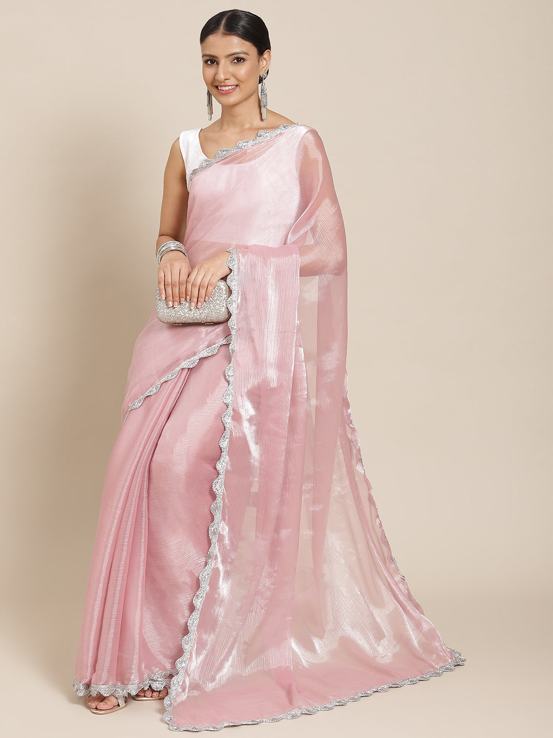 Dhiyona TI Women's Pink Solid Embellished Border Chiffon Saree with Unstitched Blouse
