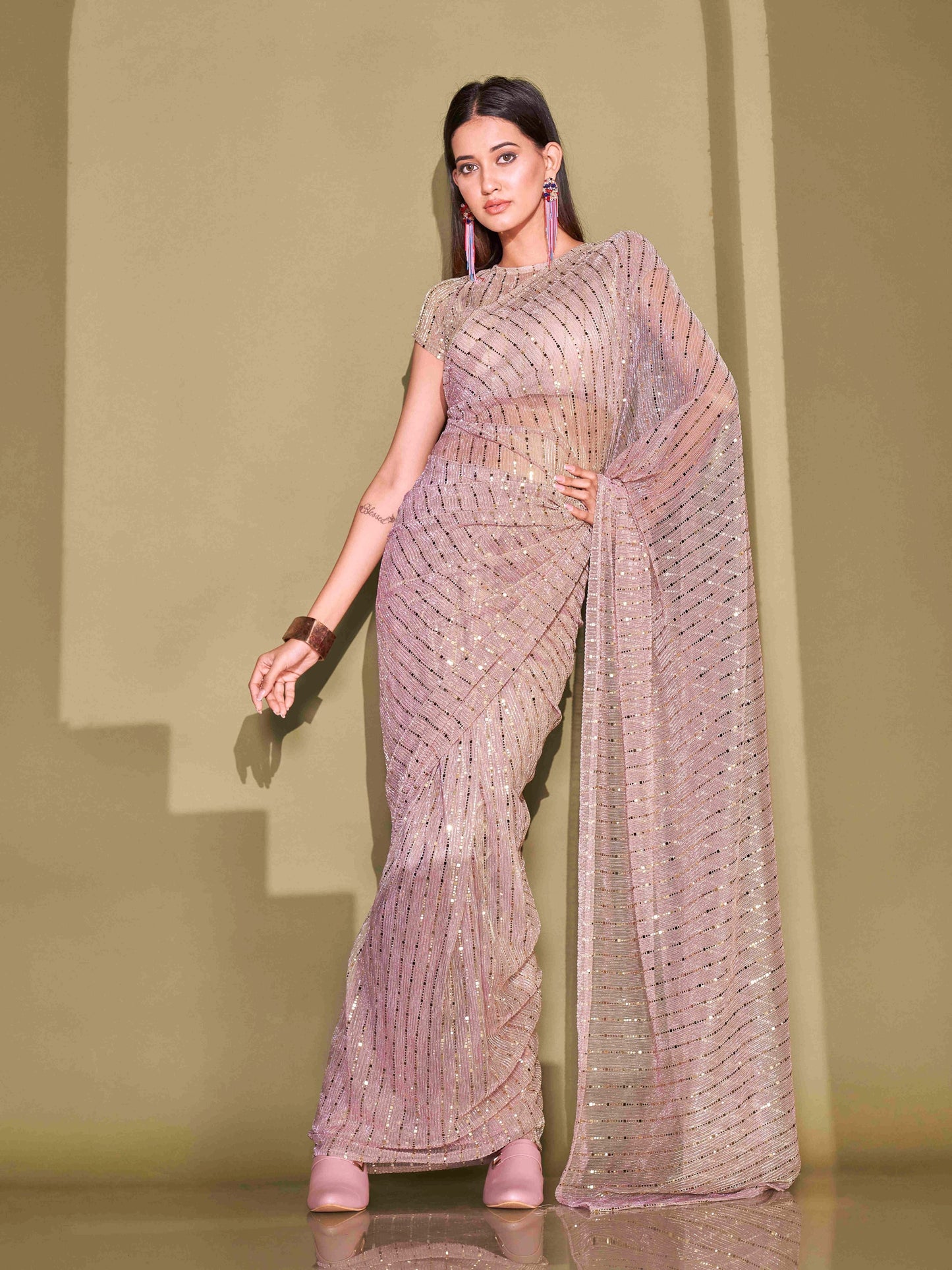 Dhiyona TI Women's Ready To Wear Pink Foil Embellished Saree with Unstitched Blouse