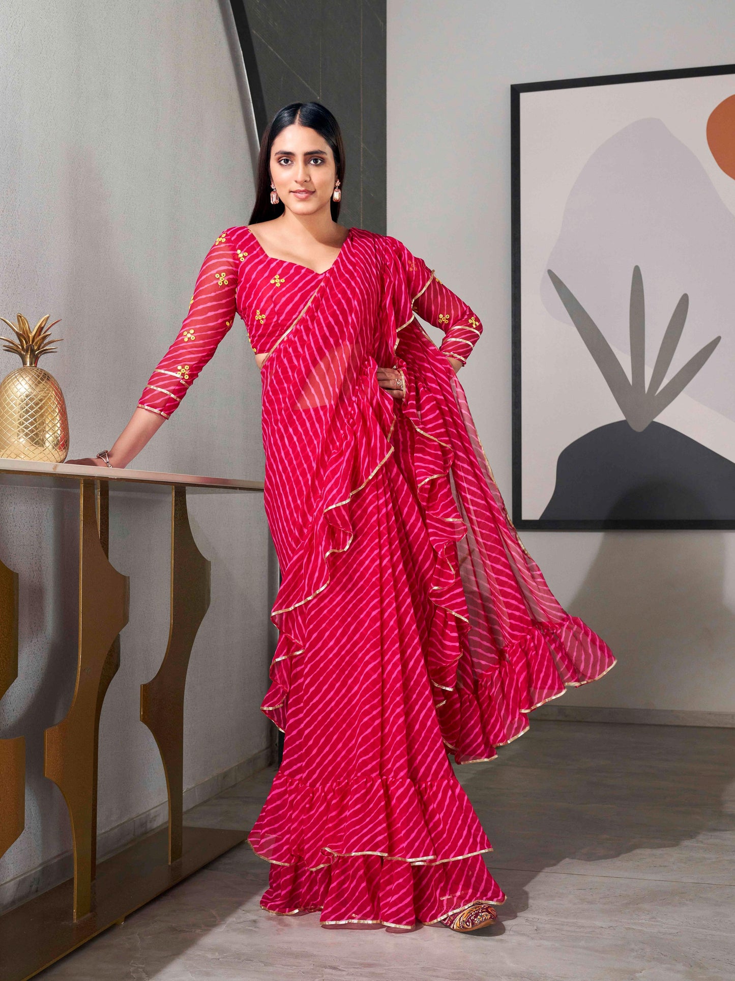 Dhiyona TI Women's Pink Colored Leheriya Saree with Frill with Unstitched Blouse