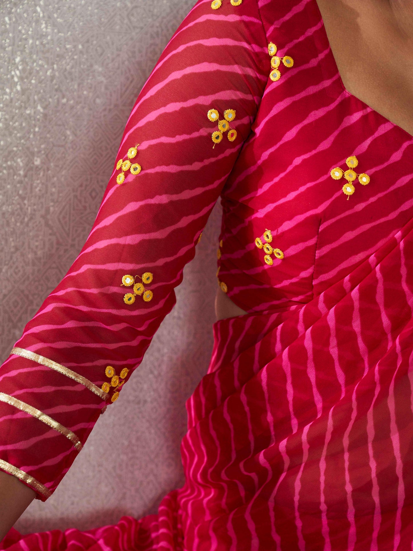 Dhiyona TI Women's Pink Colored Leheriya Saree with Frill with Unstitched Blouse