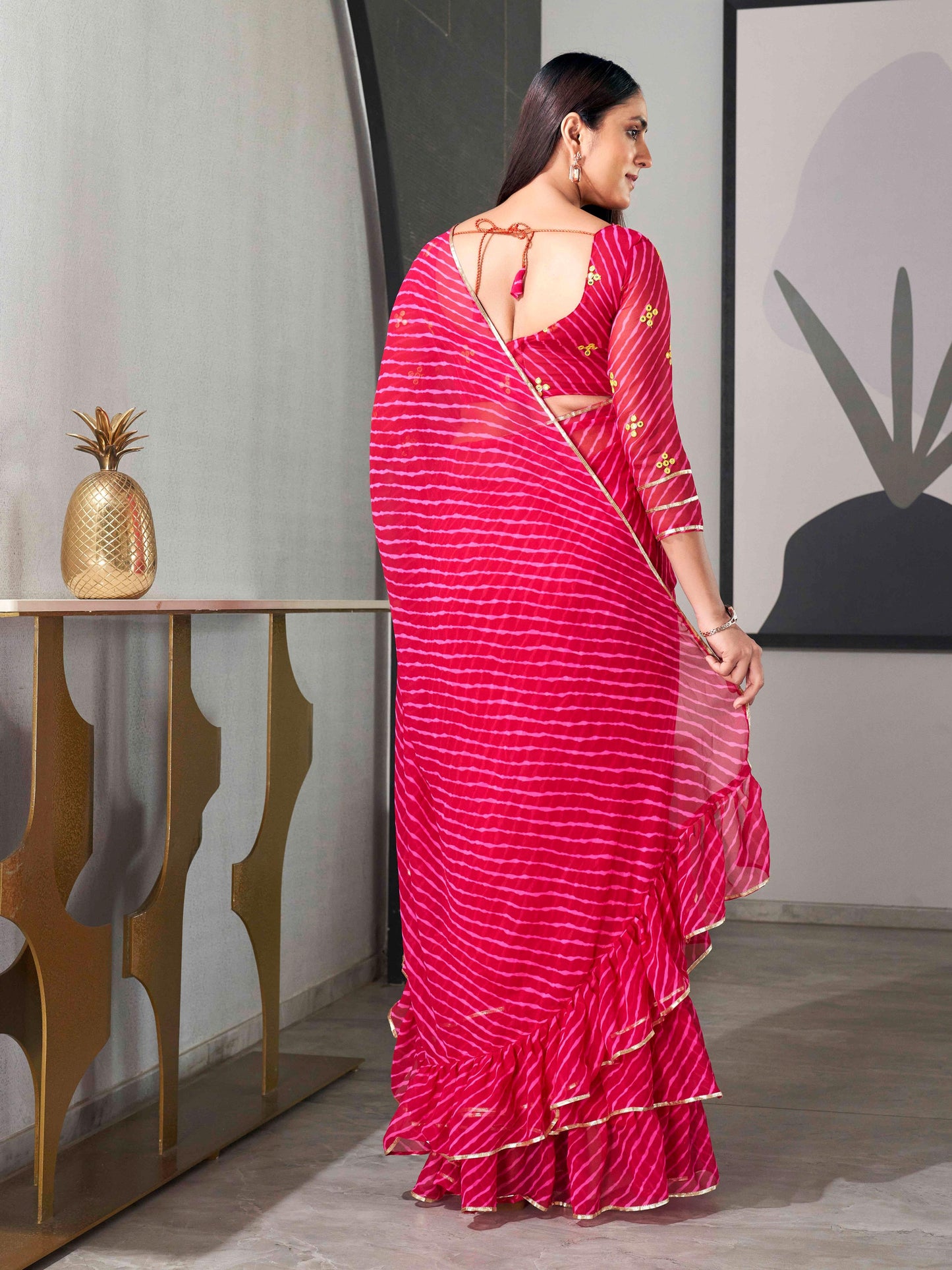Dhiyona TI Women's Pink Colored Leheriya Saree with Frill with Unstitched Blouse