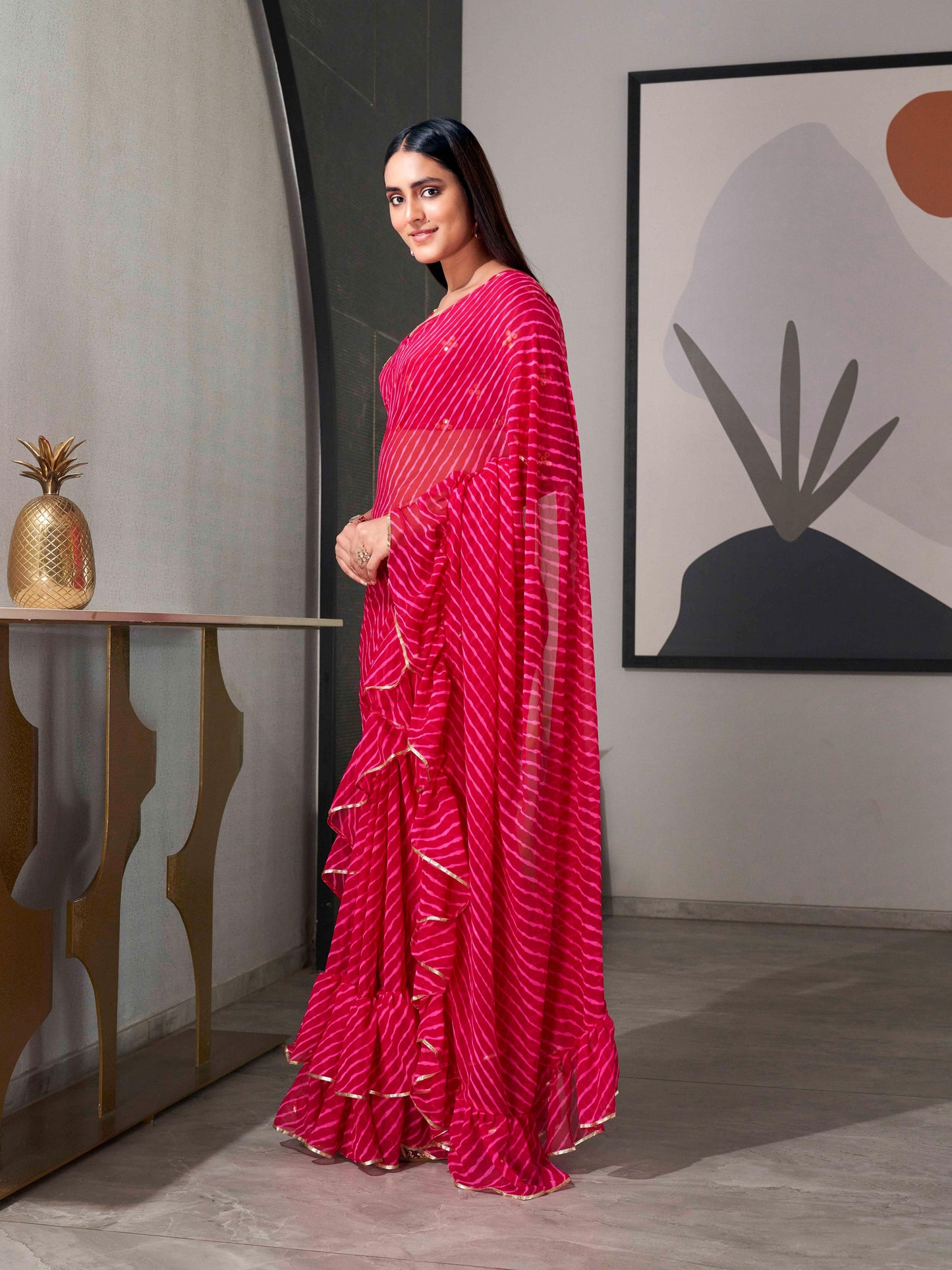 Dhiyona TI Women's Pink Colored Leheriya Saree with Frill with Unstitched Blouse