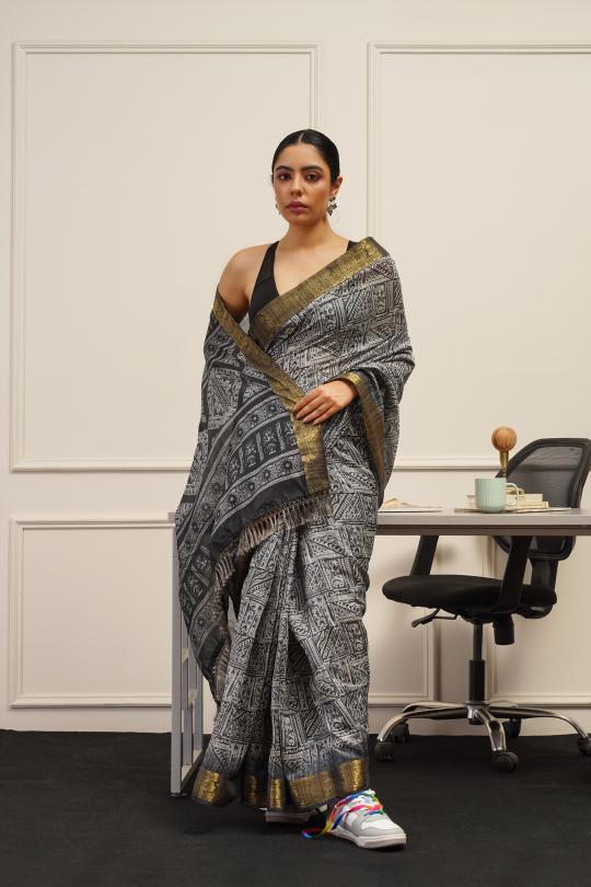 Dhiyona TI Women's Ready To Wear Grey Polycotton Handloom Saree with Unstitched Blouse