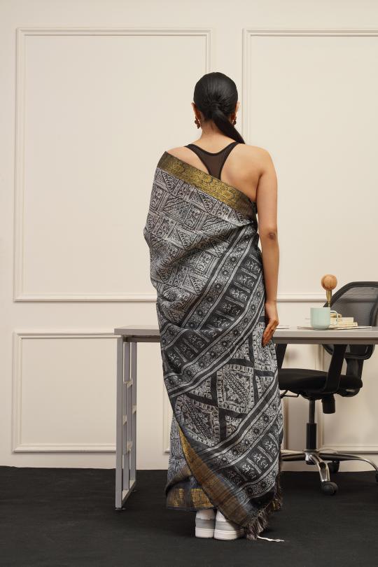 Dhiyona TI Women's Ready To Wear Grey Polycotton Handloom Saree with Unstitched Blouse