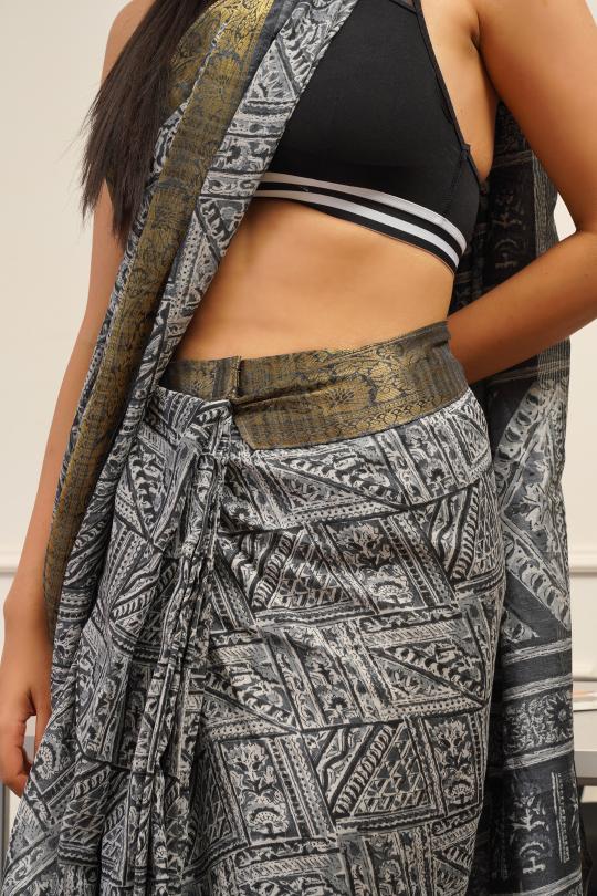 Dhiyona TI Women's Ready To Wear Grey Polycotton Handloom Saree with Unstitched Blouse