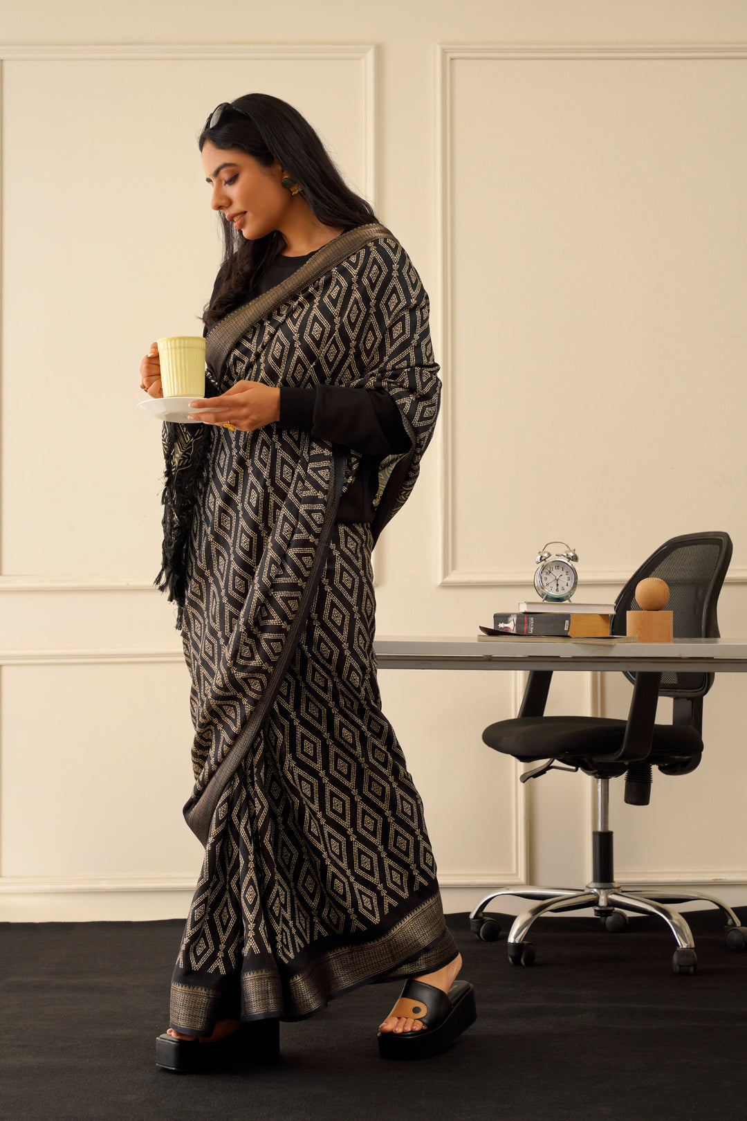 Dhiyona TI Women's Ready To Wear Black Ajarakh Block Printed Saree with Unstitched Blouse