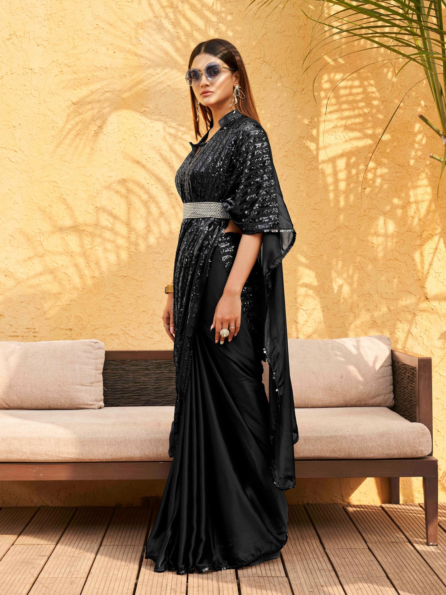 Dhiyona TI Women's Black Designer Sequinned Kaftan Pre Drapped Saree & Belt with Unstitched Blouse