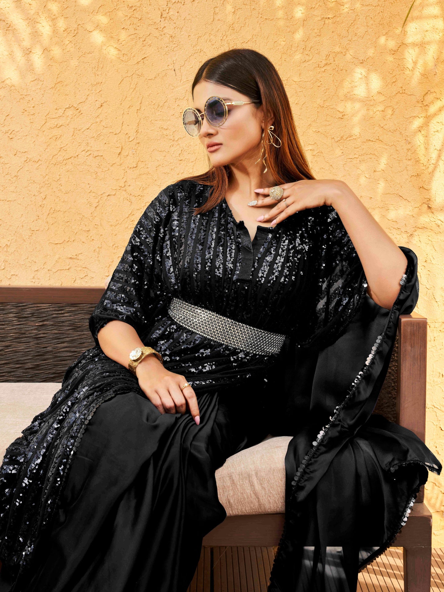 Dhiyona TI Women's Black Designer Sequinned Kaftan Pre Drapped Saree & Belt with Unstitched Blouse