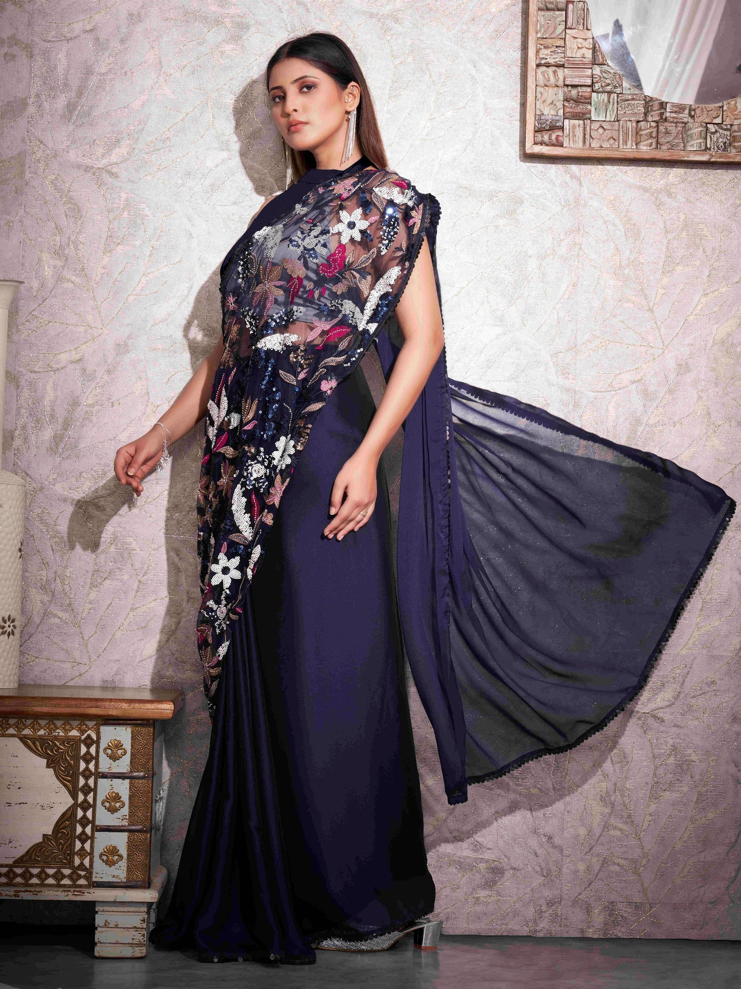 Dhiyona TI Women's Navy Blue Designer Sequined Work Saree with Heavy Embroidery with Unstitched Blouse
