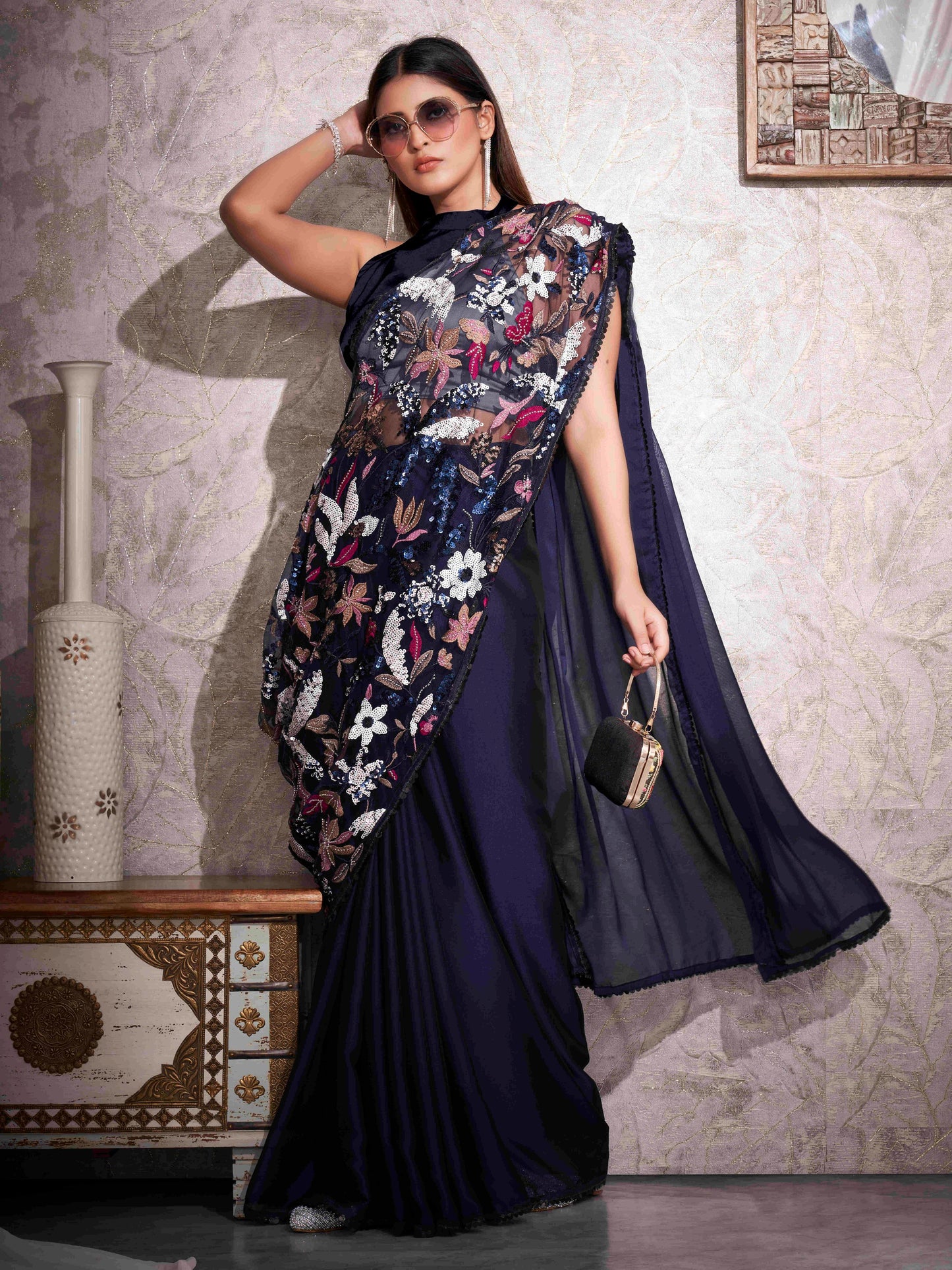 Dhiyona TI Women's Navy Blue Designer Sequined Work Saree with Heavy Embroidery with Unstitched Blouse
