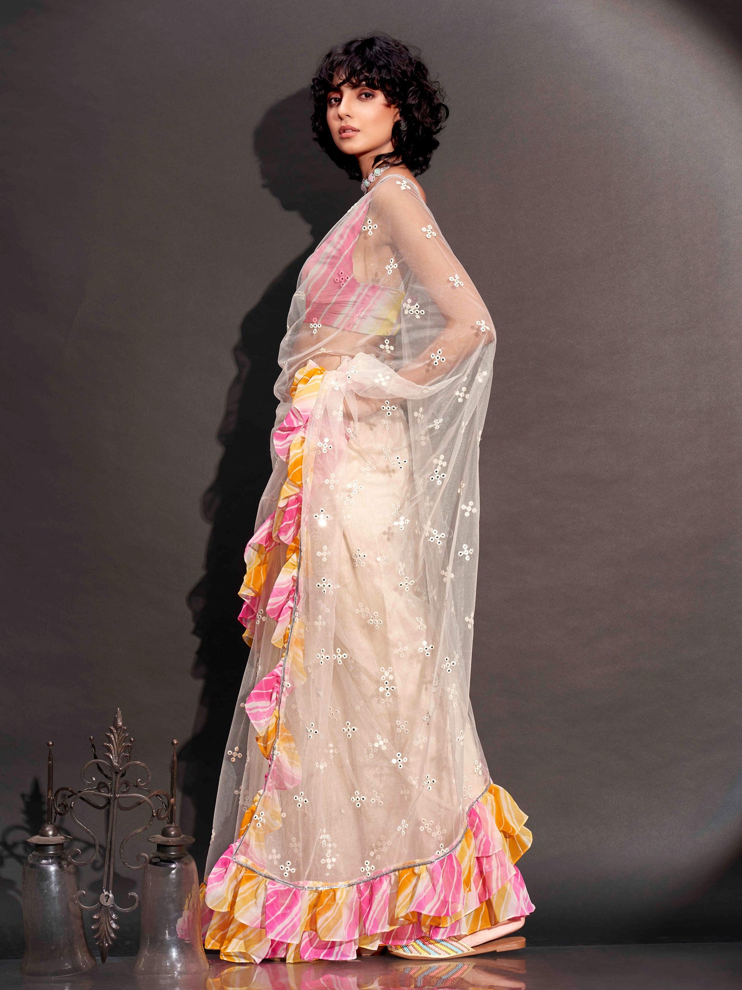 Dhiyona TI Women's Off White Net Saree Faux Mirror Embroidery & Lehariya Frill with Unstitched Blouse