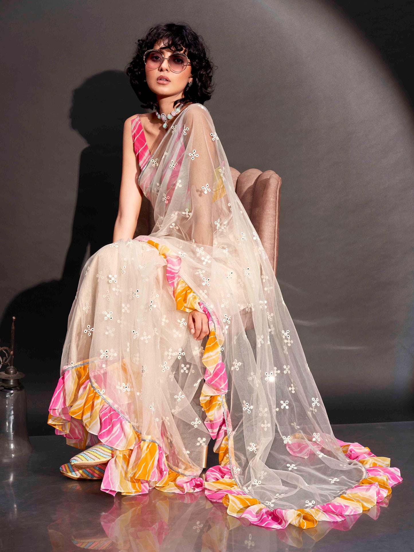 Dhiyona TI Women's Off White Net Saree Faux Mirror Embroidery & Lehariya Frill with Unstitched Blouse