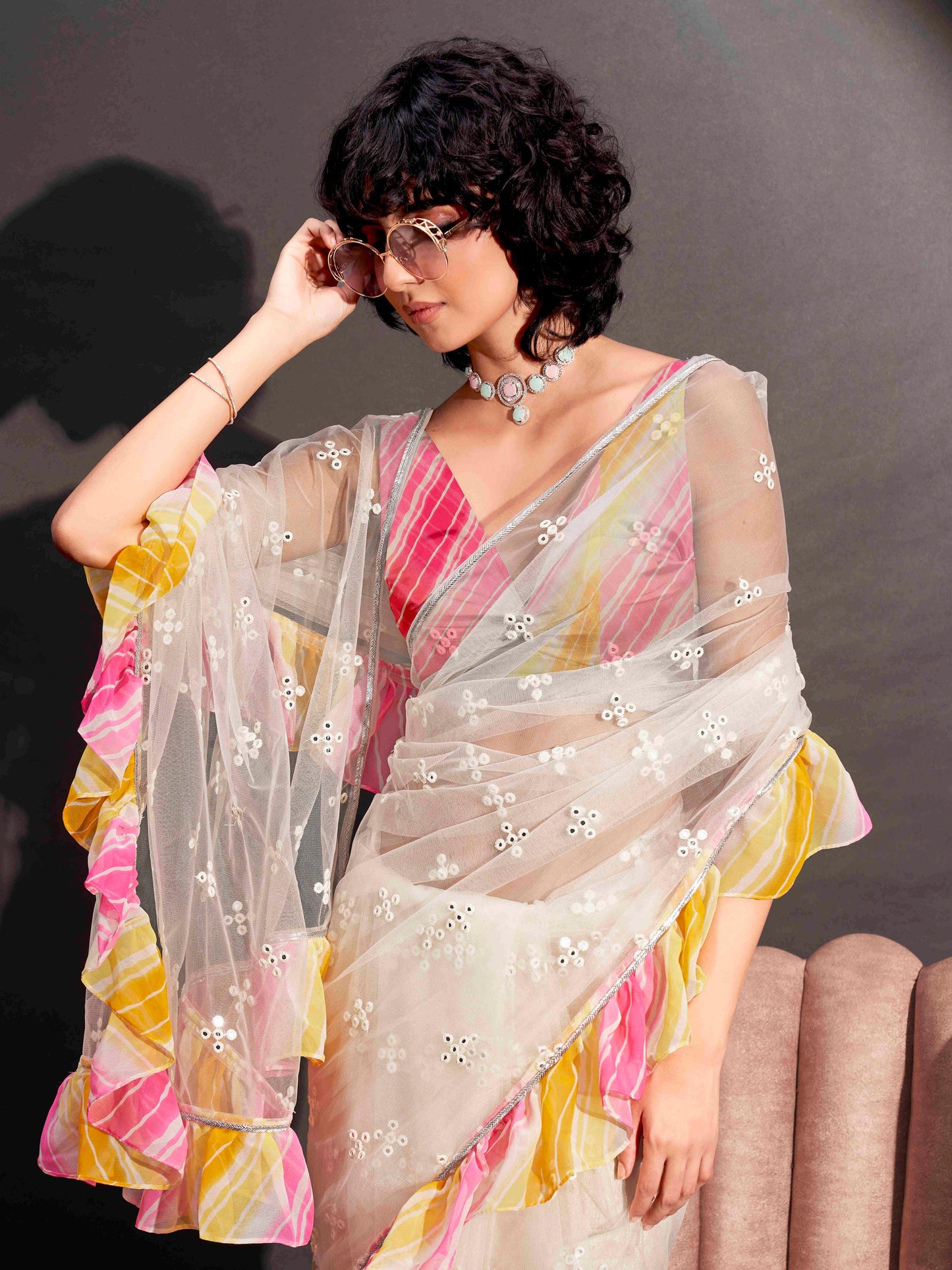 Dhiyona TI Women's Off White Net Saree Faux Mirror Embroidery & Lehariya Frill with Unstitched Blouse