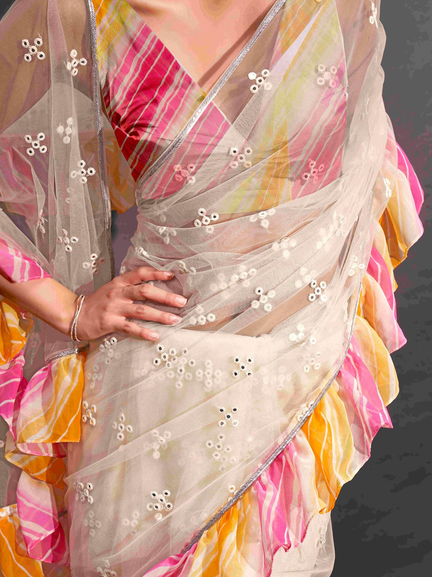 Dhiyona TI Women's Off White Net Saree Faux Mirror Embroidery & Lehariya Frill with Unstitched Blouse