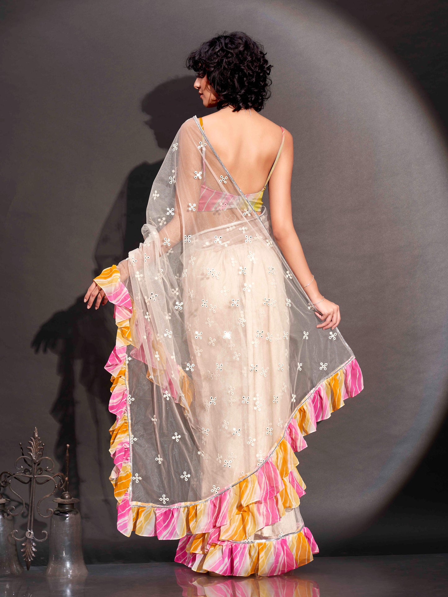 Dhiyona TI Women's Off White Net Saree Faux Mirror Embroidery & Lehariya Frill with Unstitched Blouse
