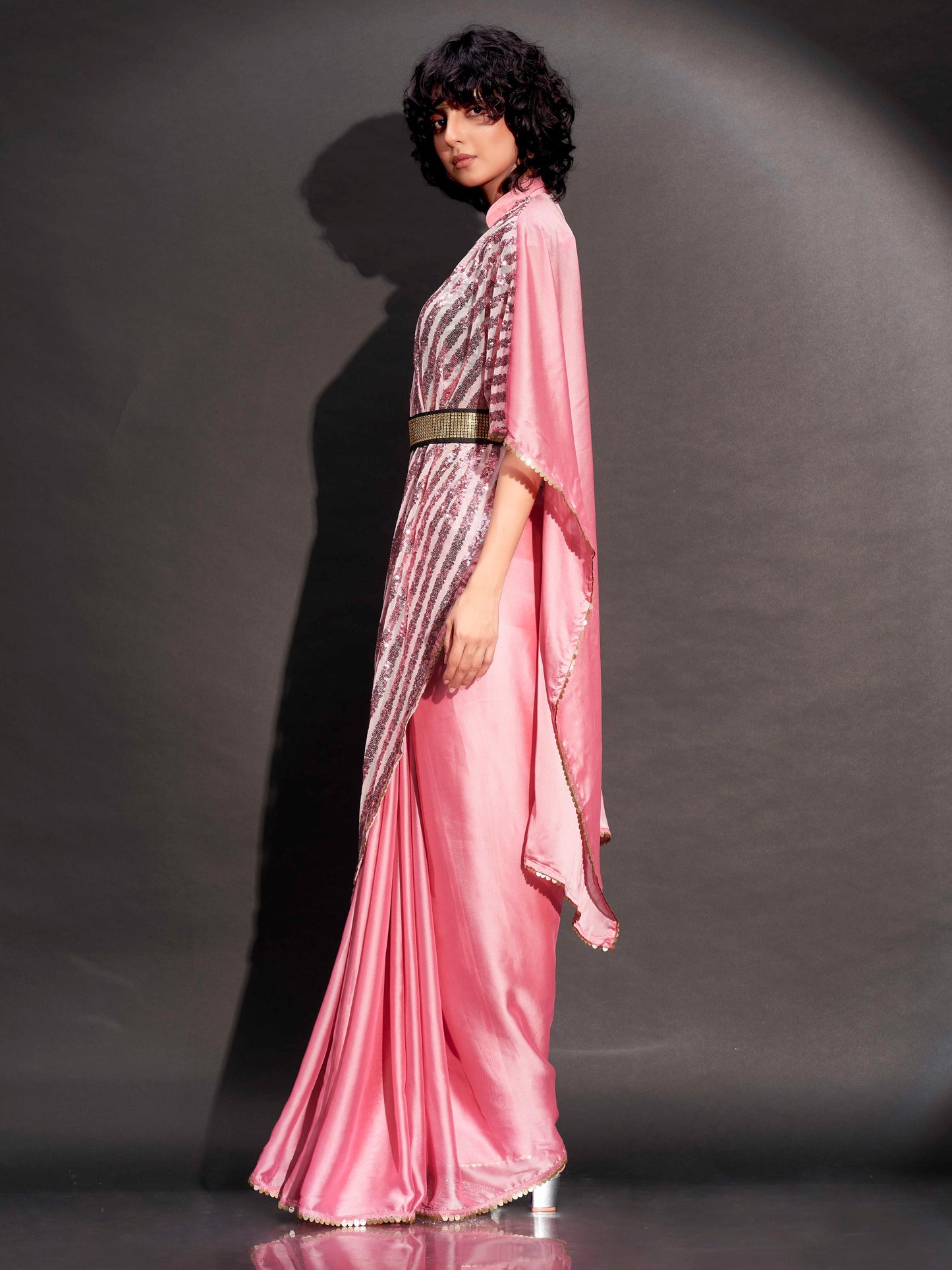 Dhiyona TI Women's Pink Designer Sequinned Kaftan Saree & Belt with Unstitched Blouse