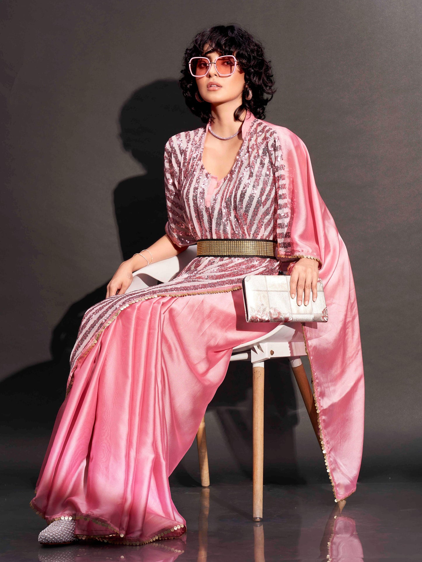 Dhiyona TI Women's Pink Designer Sequinned Kaftan Saree & Belt with Unstitched Blouse