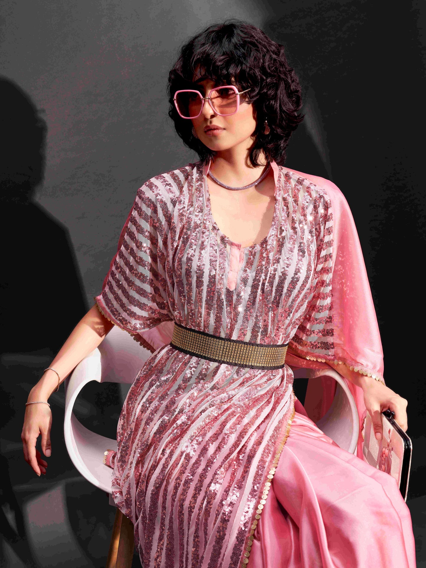 Dhiyona TI Women's Pink Designer Sequinned Kaftan Saree & Belt with Unstitched Blouse