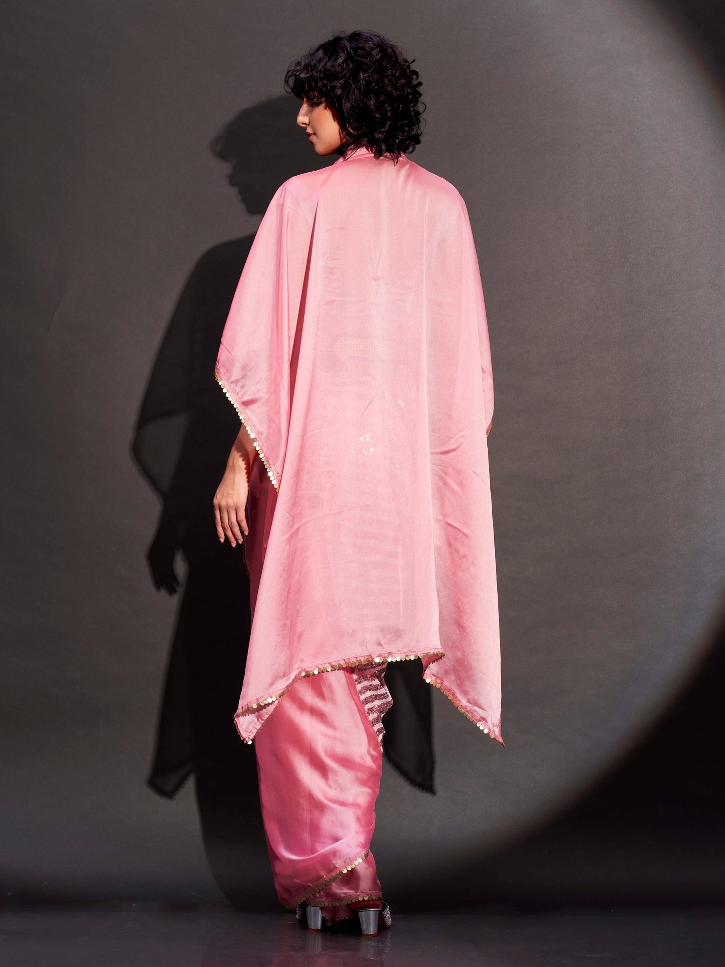 Dhiyona TI Women's Pink Designer Sequinned Kaftan Saree & Belt with Unstitched Blouse