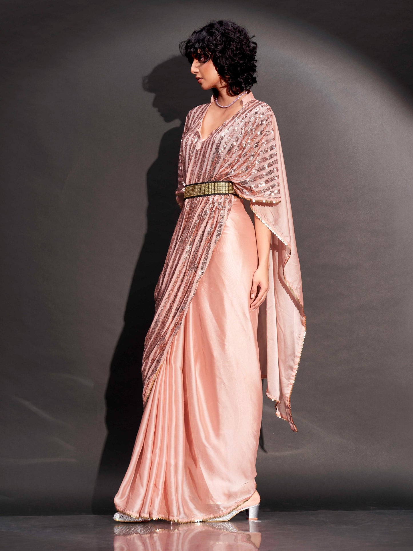 Dhiyona TI Women's Peach Designer Sequinned Kaftan Saree & Belt with Unstitched Blouse