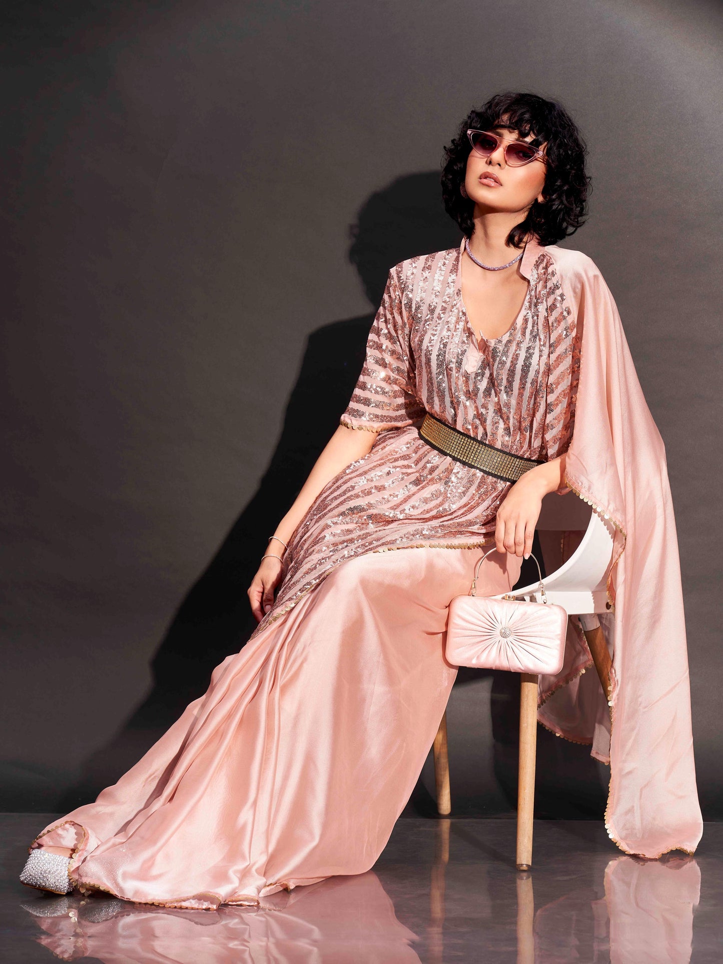 Dhiyona TI Women's Peach Designer Sequinned Kaftan Saree & Belt with Unstitched Blouse