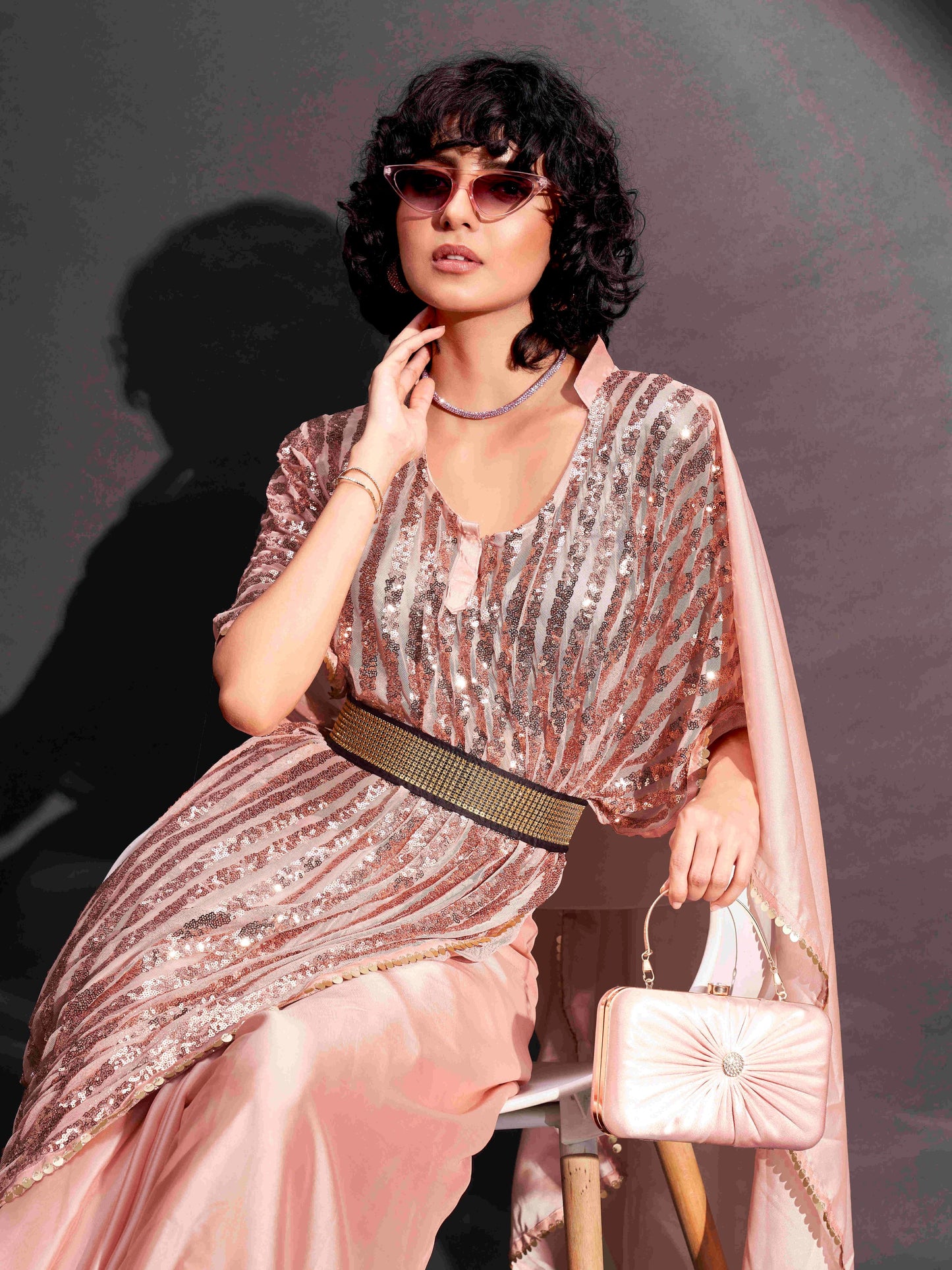 Dhiyona TI Women's Peach Designer Sequinned Kaftan Saree & Belt with Unstitched Blouse