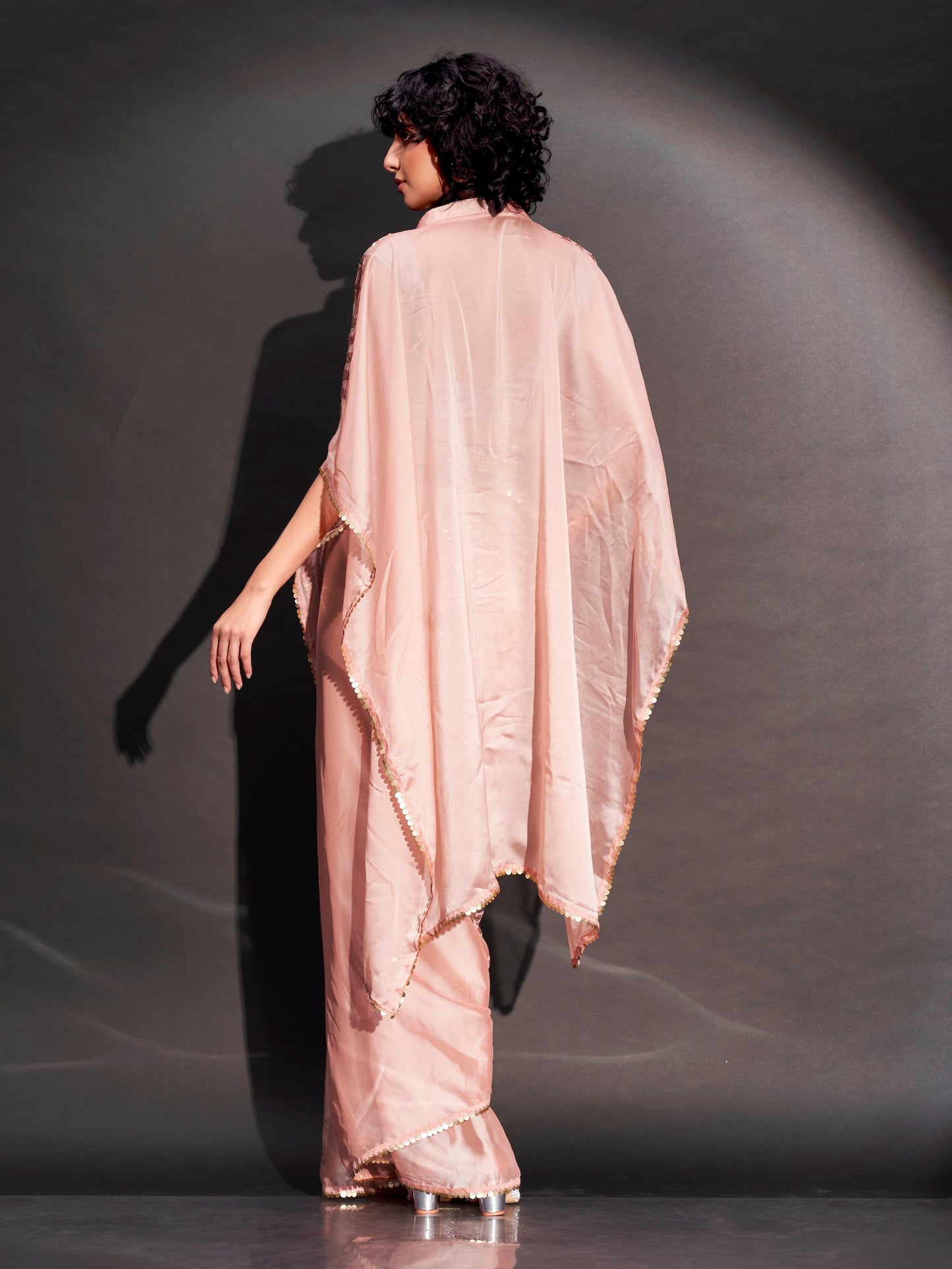 Dhiyona TI Women's Peach Designer Sequinned Kaftan Saree & Belt with Unstitched Blouse