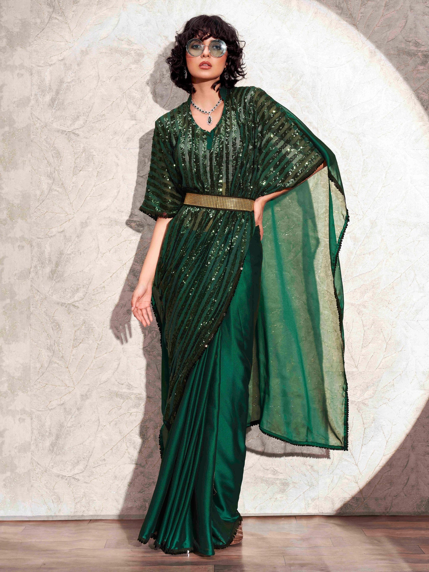 Dhiyona TI Women's Green Designer Sequinned Kaftan Saree & Belt with Unstitched Blouse