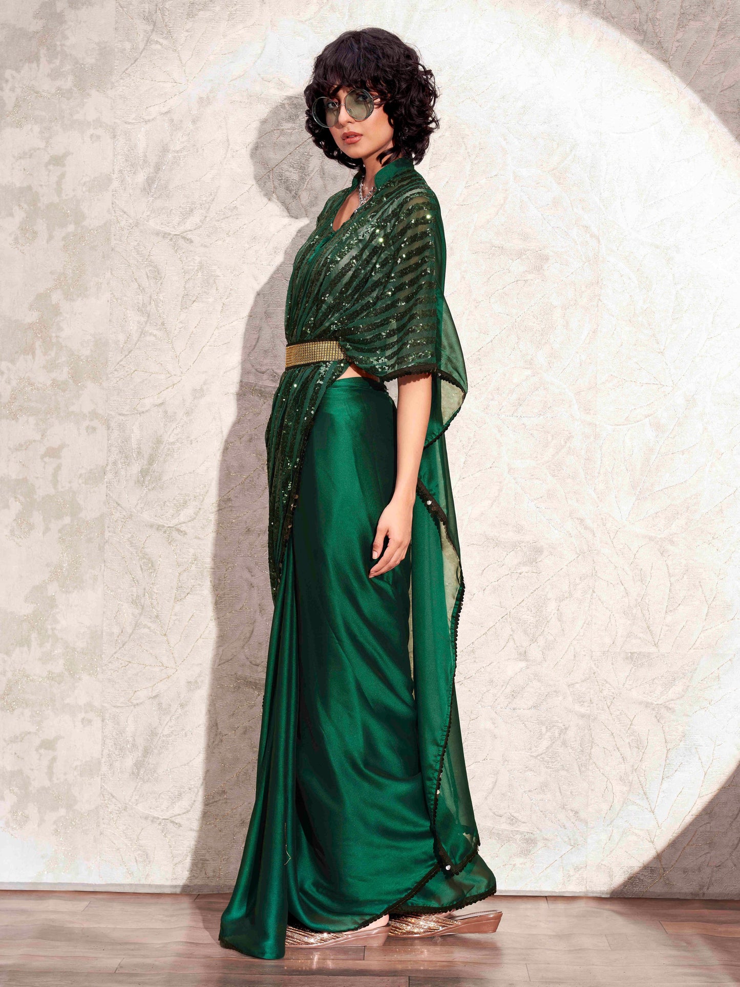 Dhiyona TI Women's Green Designer Sequinned Kaftan Saree & Belt with Unstitched Blouse