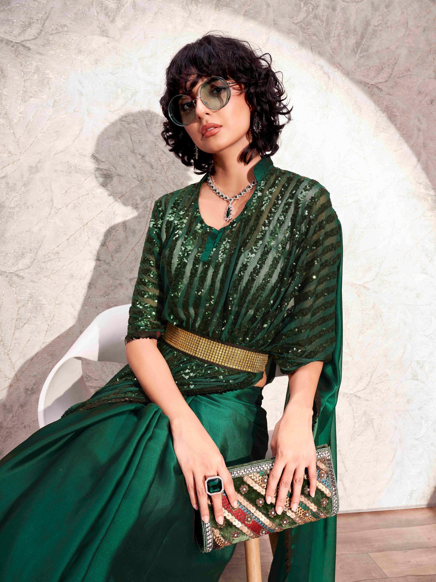 Dhiyona TI Women's Green Designer Sequinned Kaftan Saree & Belt with Unstitched Blouse