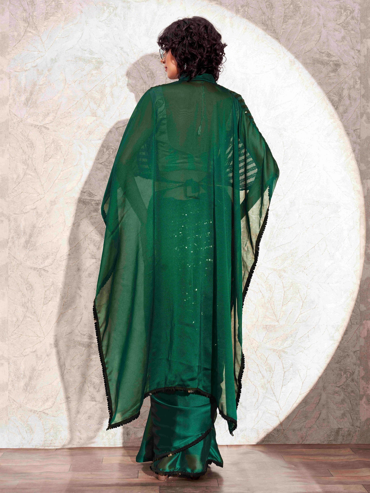 Dhiyona TI Women's Green Designer Sequinned Kaftan Saree & Belt with Unstitched Blouse