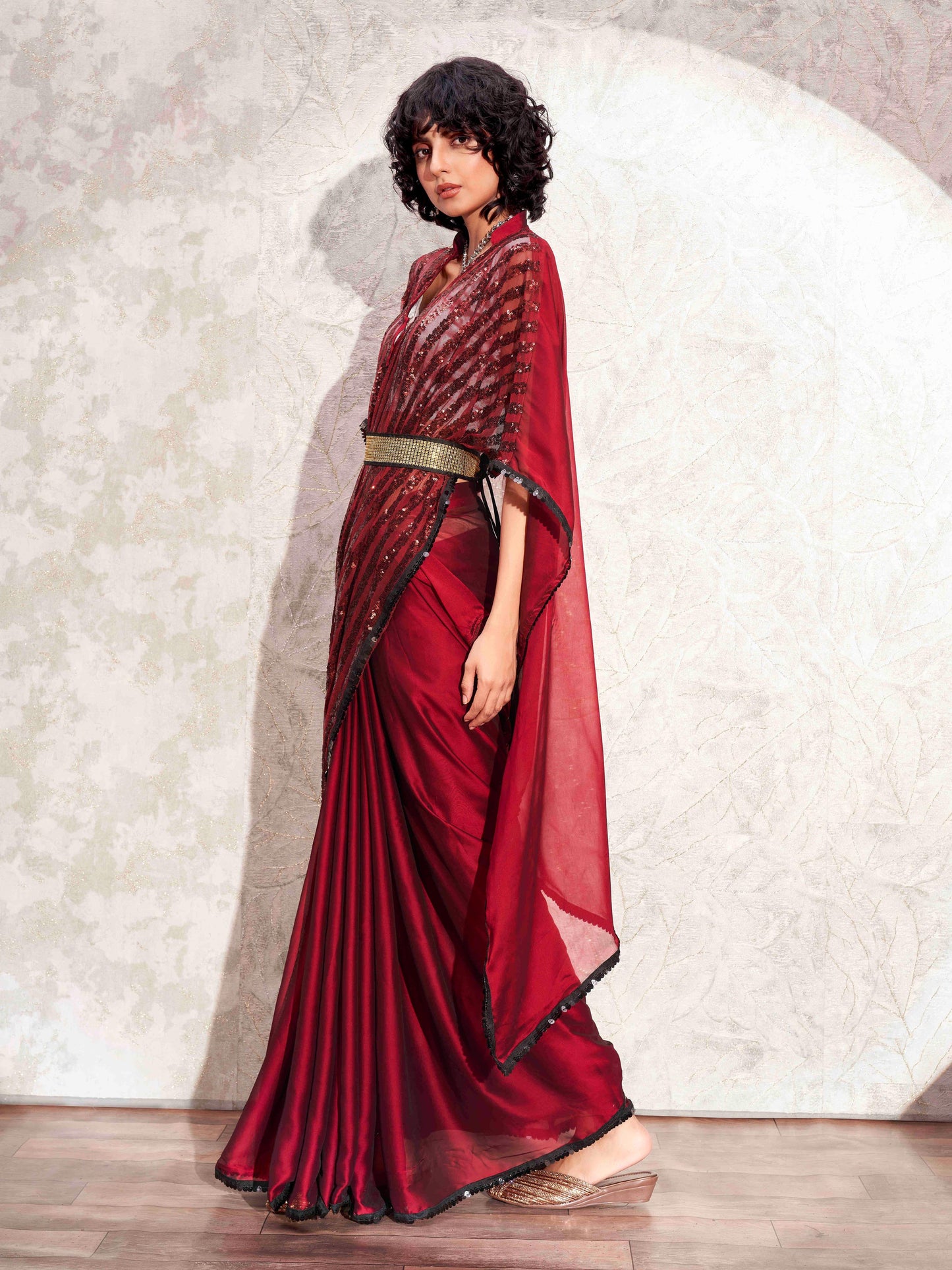 Dhiyona TI Women's Maroon Designer Sequinned Kaftan Saree & Belt with Unstitched Blouse