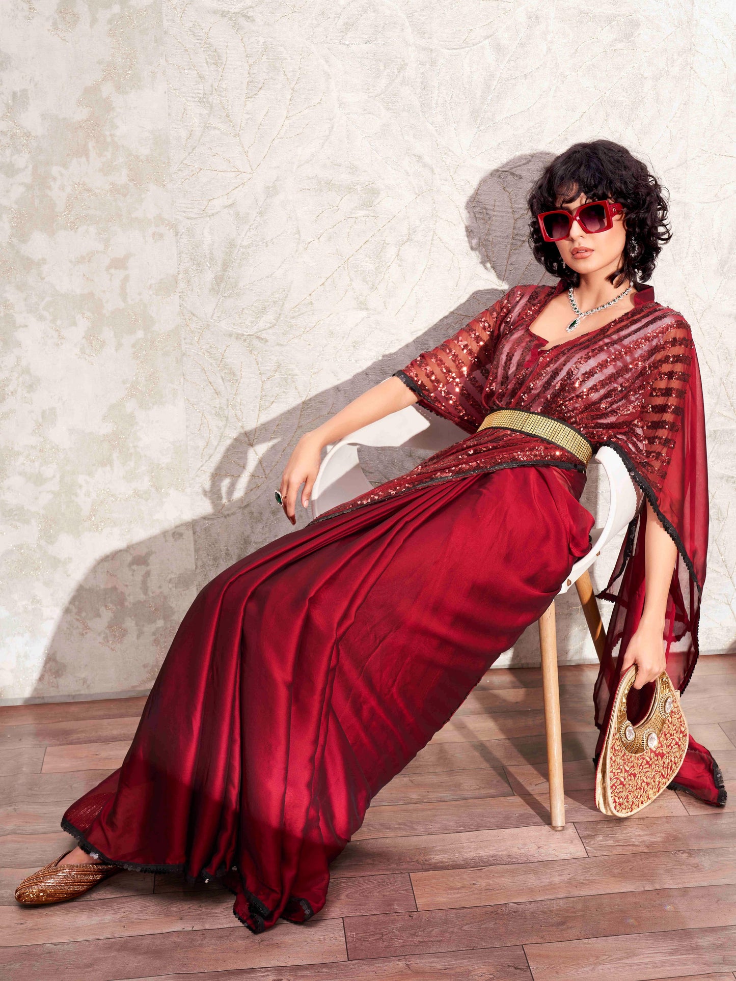 Dhiyona TI Women's Maroon Designer Sequinned Kaftan Saree & Belt with Unstitched Blouse
