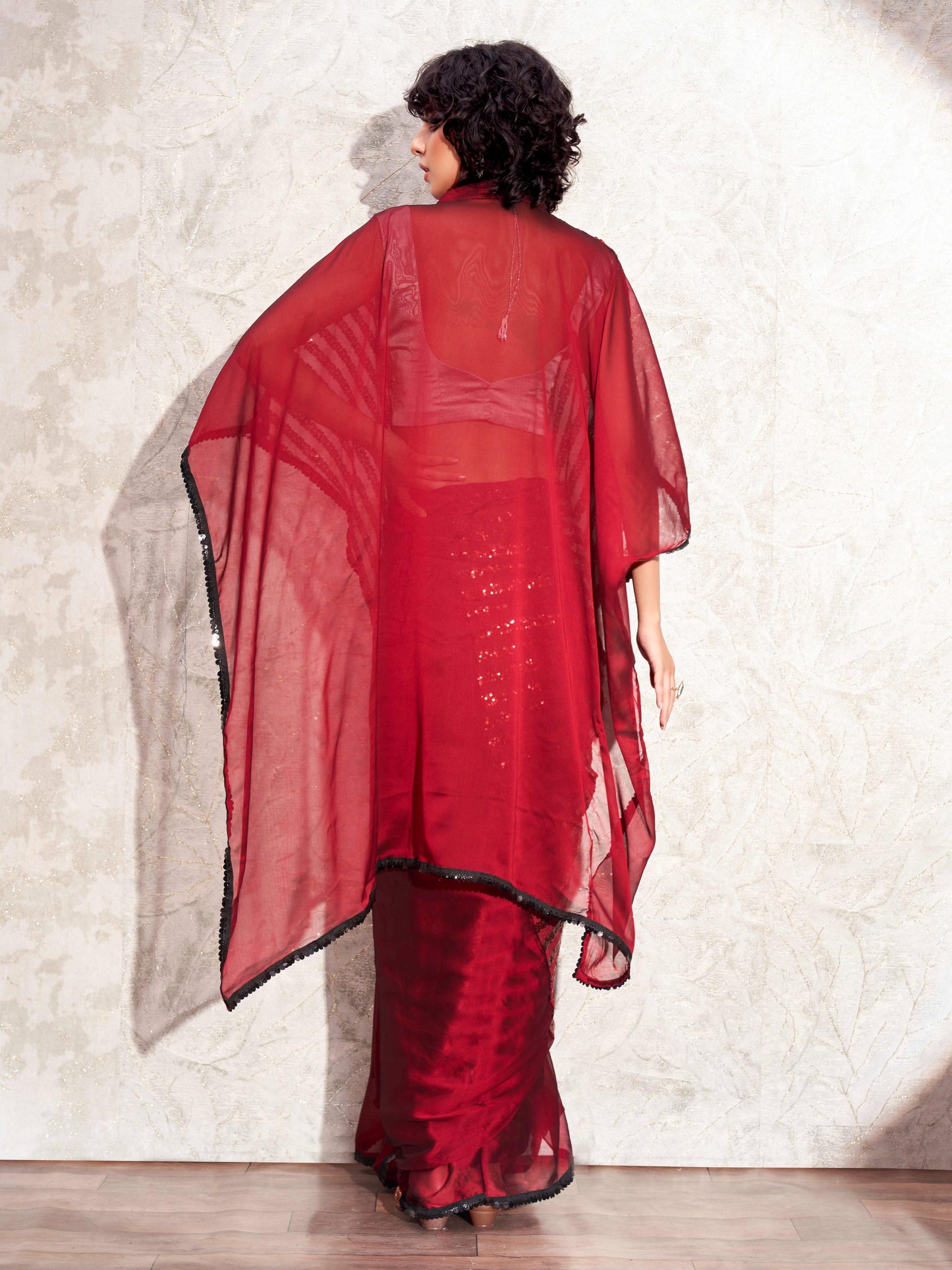 Dhiyona TI Women's Maroon Designer Sequinned Kaftan Saree & Belt with Unstitched Blouse