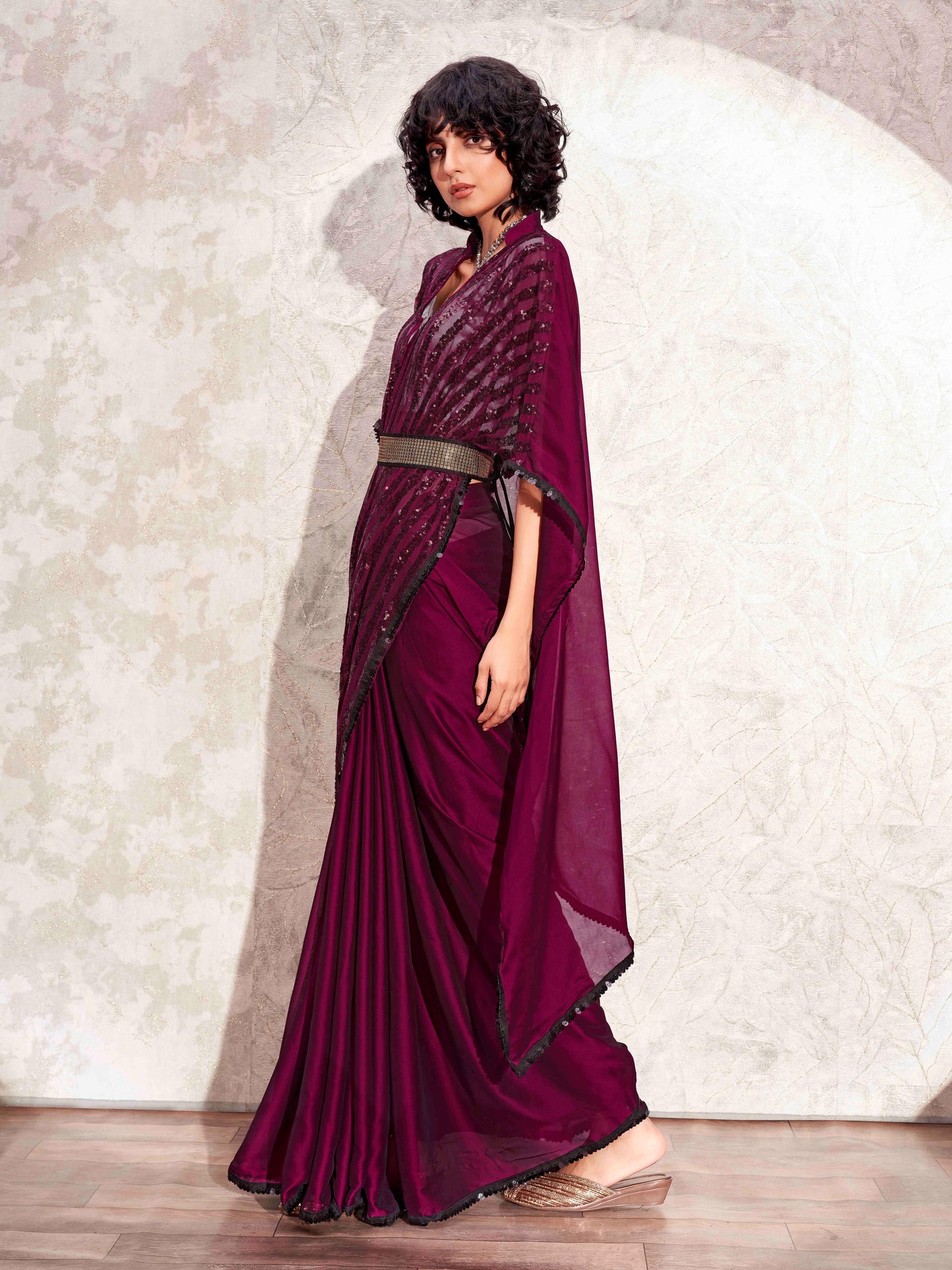 Dhiyona TI Women's Wine Designer Sequinned Kaftan Saree & Belt with Unstitched Blouse