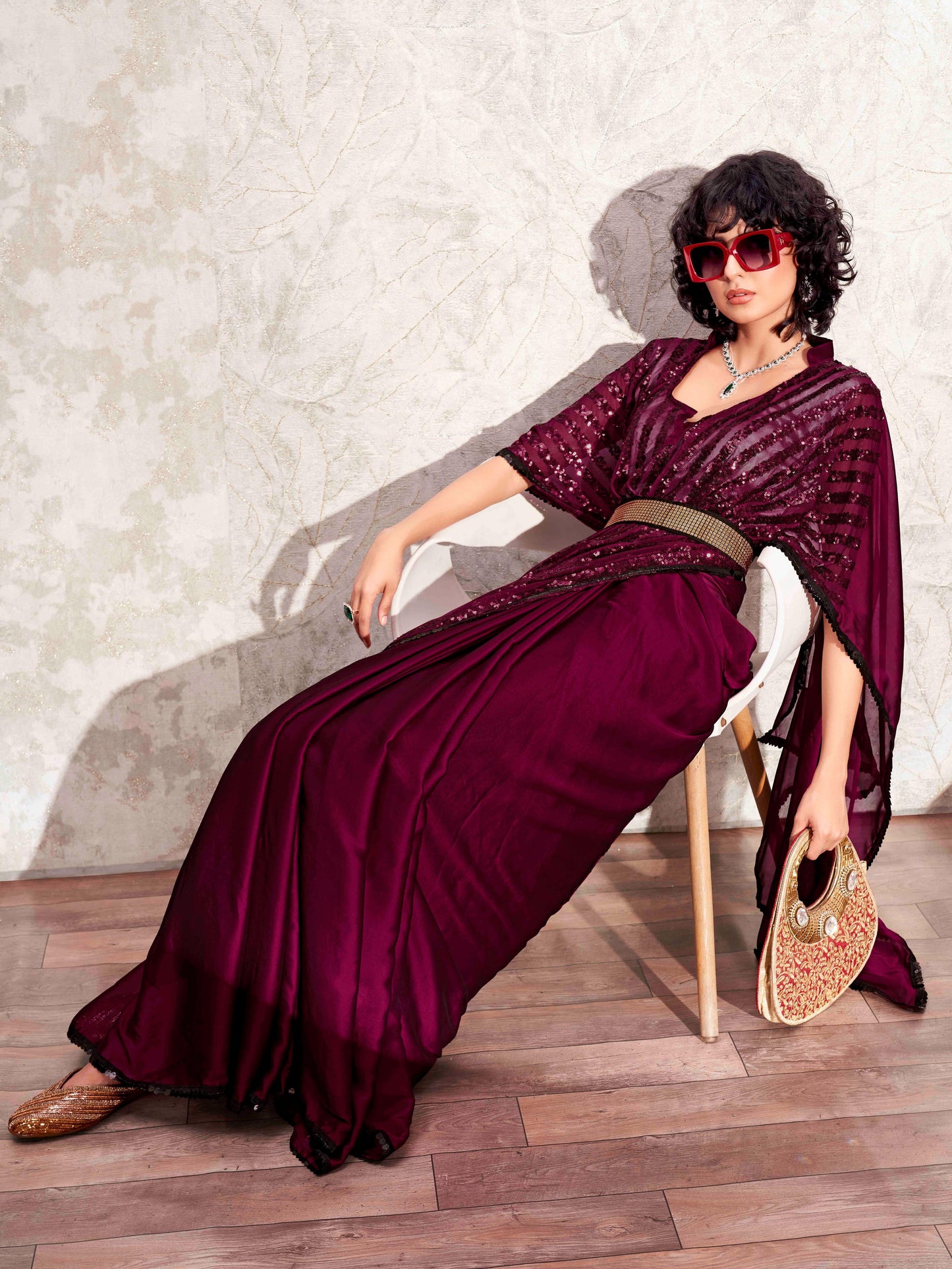 Dhiyona TI Women's Wine Designer Sequinned Kaftan Saree & Belt with Unstitched Blouse
