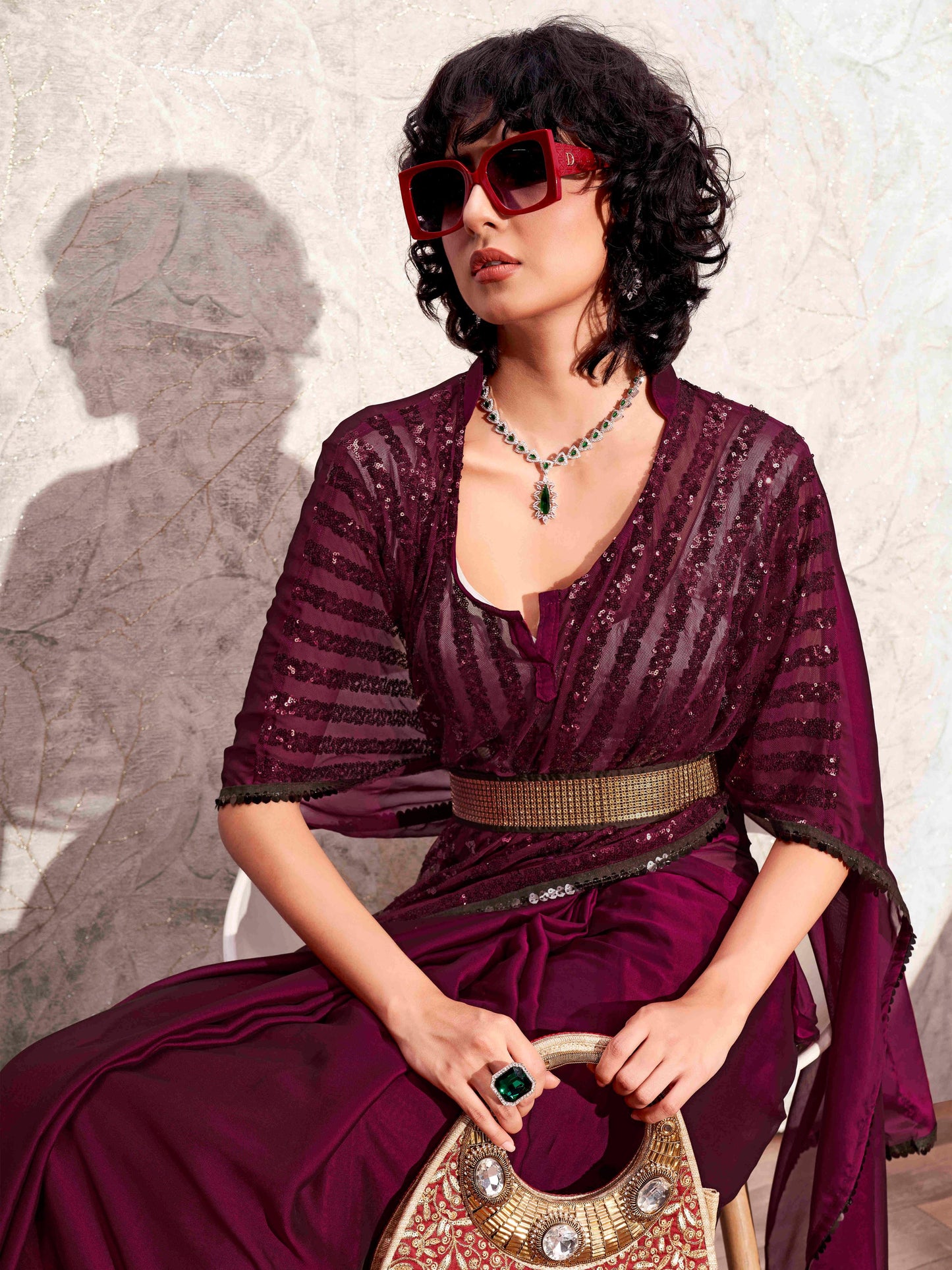 Dhiyona TI Women's Wine Designer Sequinned Kaftan Saree & Belt with Unstitched Blouse