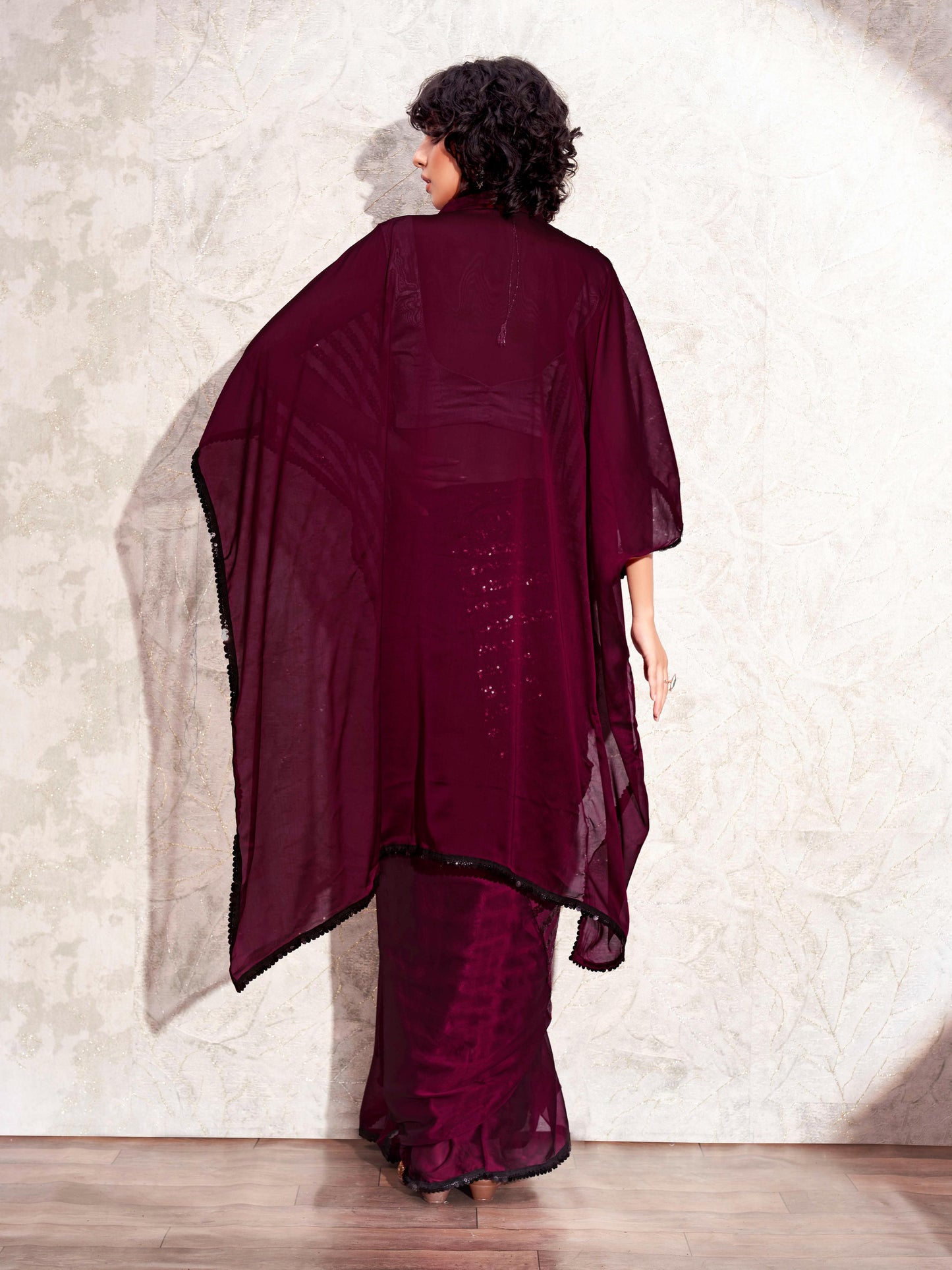 Dhiyona TI Women's Wine Designer Sequinned Kaftan Saree & Belt with Unstitched Blouse