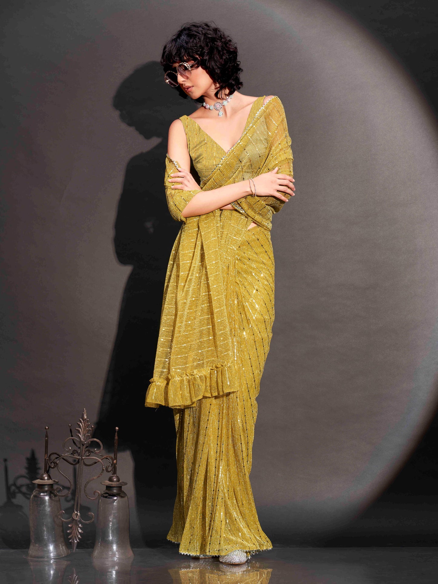 Dhiyona TI Women's Yellow Lycra Foil Saree Embellished & Tassels with Unstitched Blouse